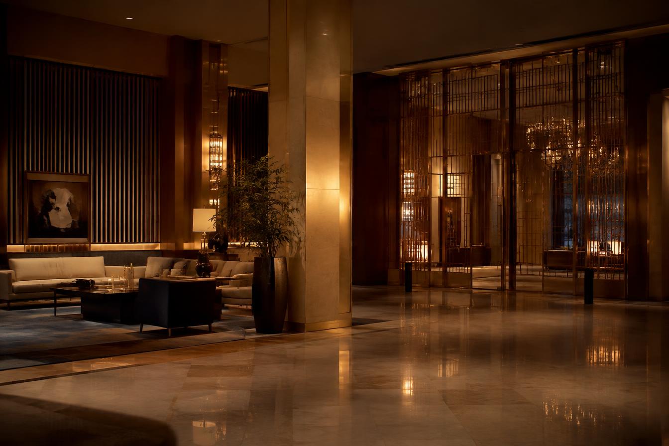 Luxury hotel lobby at dusk